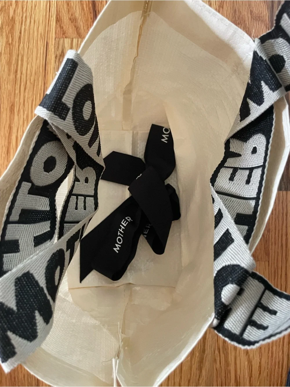 MOTHER Cream Tote with Black Logo Straps
